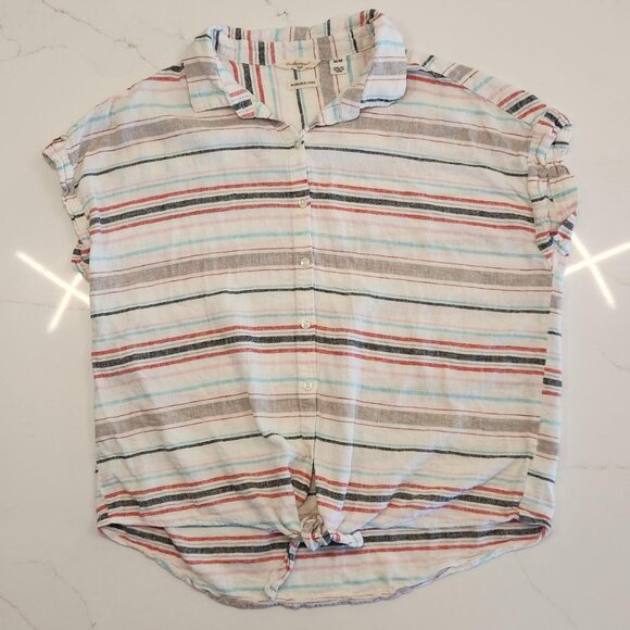 Weatherproof Vintage Linen Washable Sz M Tie Front Shirt Top Stripes Coastal - Picture 1 of 10